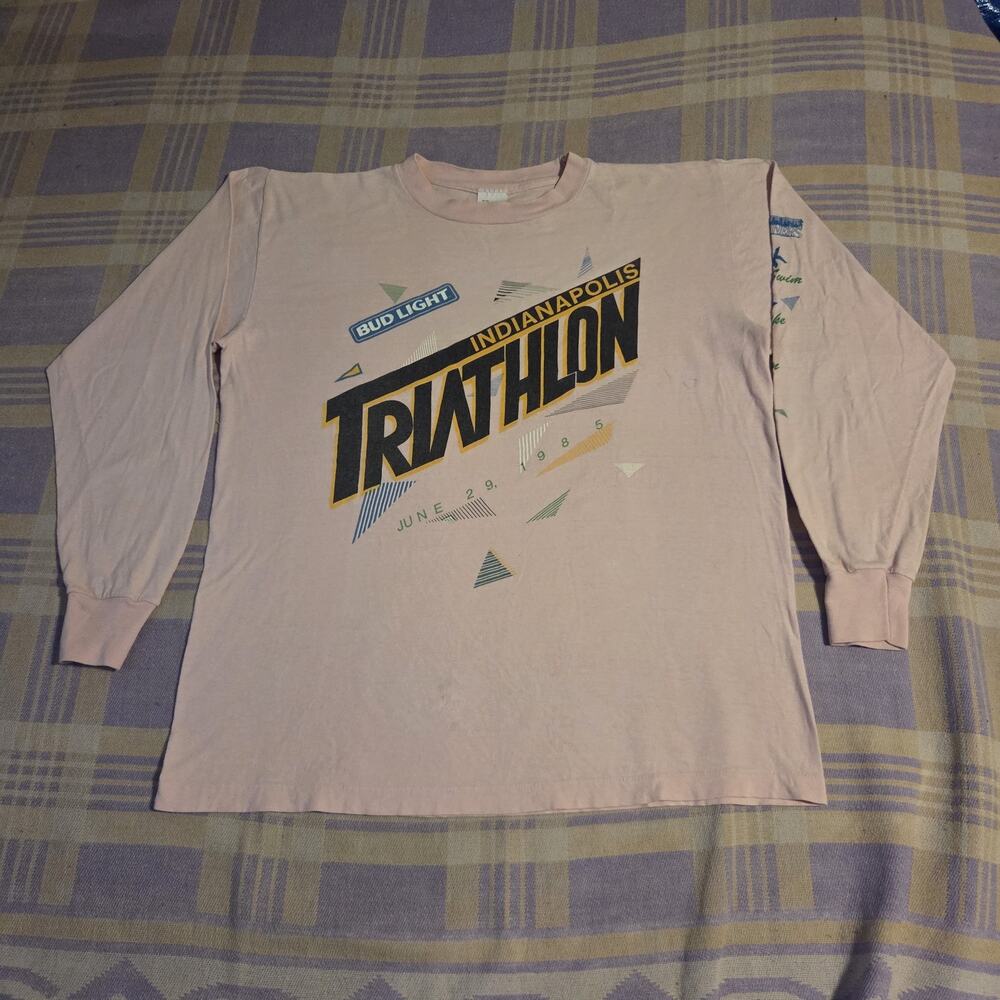 Vintage 80s Bud Light Triathlon Indianapolis Beer T Shirt Long Sleeve Size Large